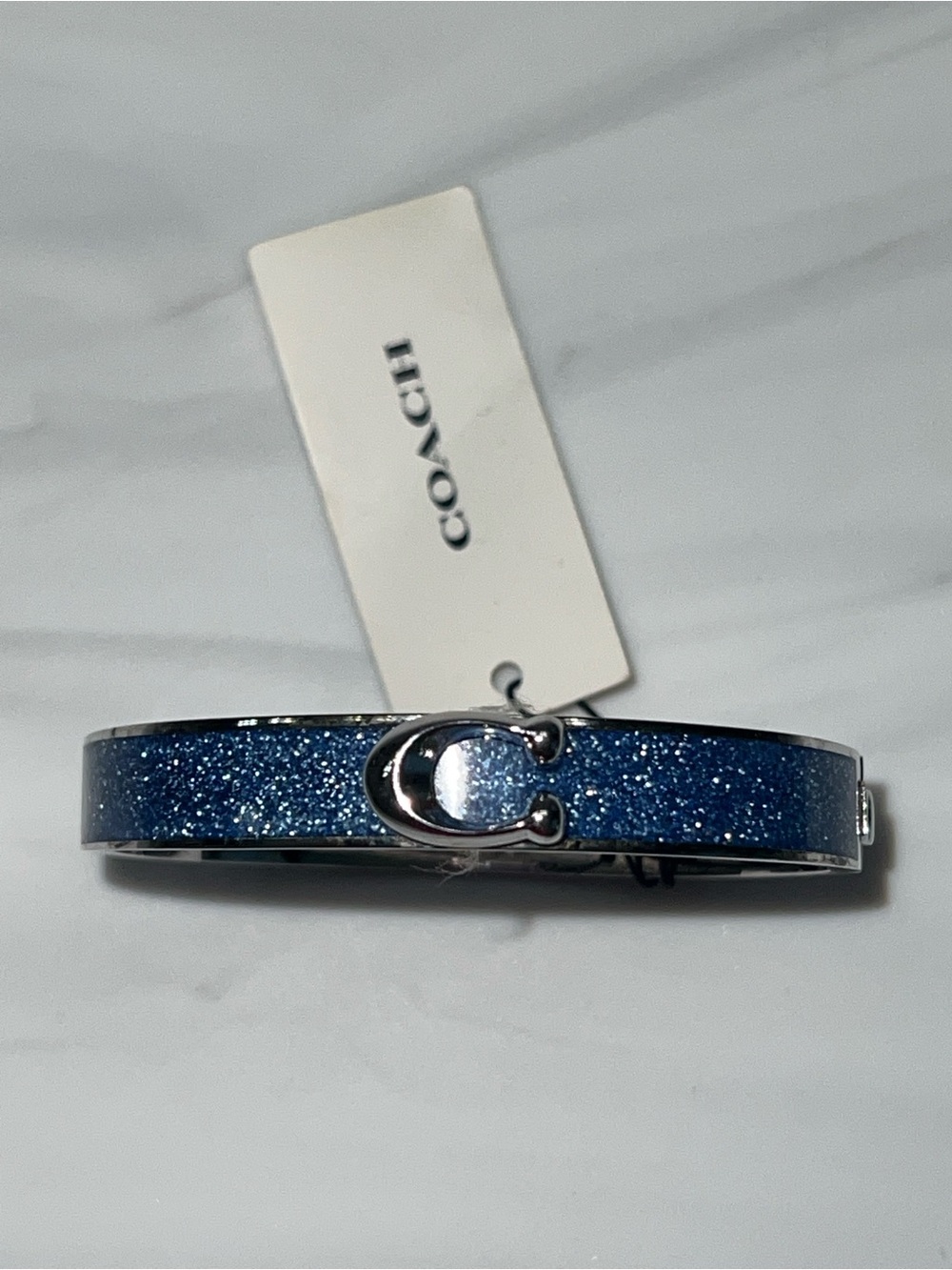 Coach Bangle Signature C Logo Hinged Bracelet in Sparkly Blue Enamel & Silver